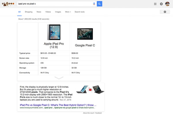 谷歌搜索新增产品对比功能 Google 微新闻 第1张
