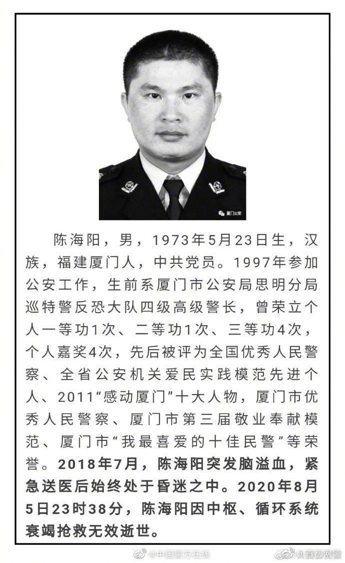 【沉痛哀悼！#厦门两名高级警长同一天殉职# 】#平安法治2020# 警务在线 第3张
