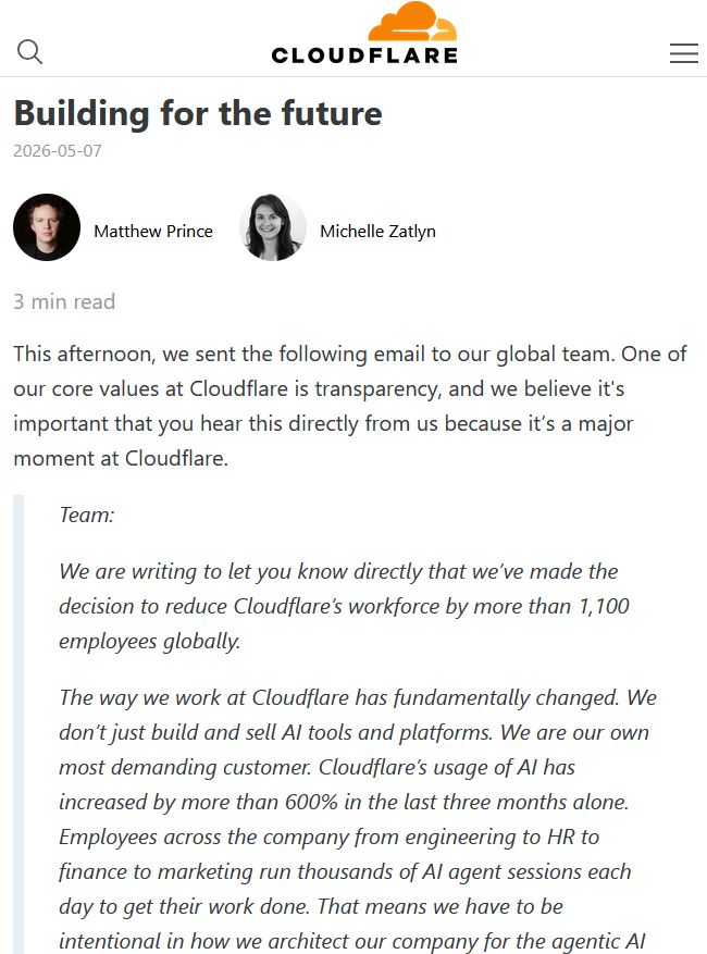 Cloudflare 一次裁员 1100 人：AI 开始正式“优化”打工人了 IT业界