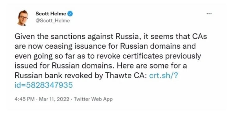 西方机构吊销了俄罗斯的HTTPS证书